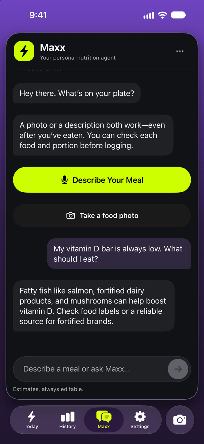 Maxx, the personal nutrition agent in VitaMAXX, answering a question about vitamin D