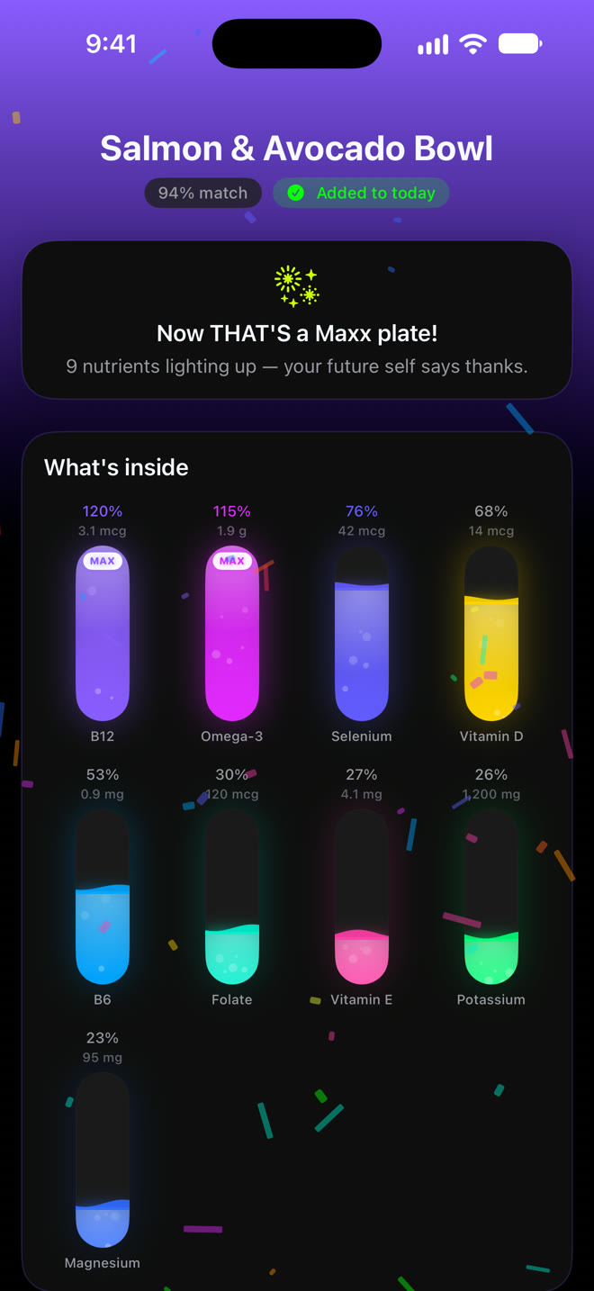 A scan result showing which vitamins a salmon and avocado bowl filled